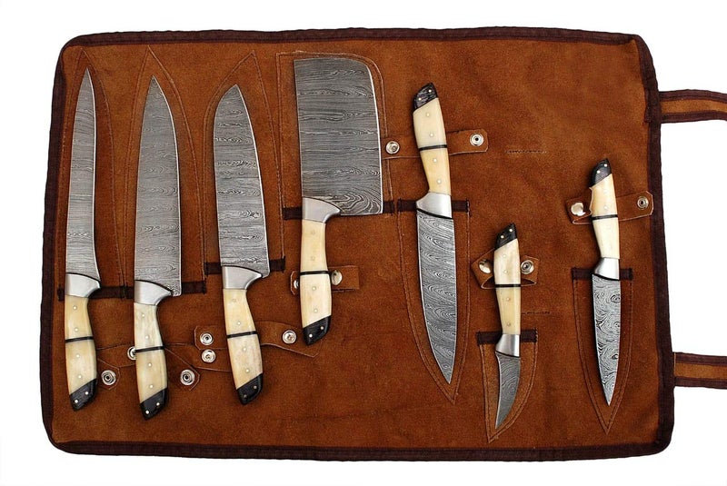 GladiatorsGuild G26- Professional Kitchen Knives Custom Made Damascus Steel 7 pcs of Professional Utility Chef Kitchen Knife Set with Chopper/Cleaver White & Black - Image 2